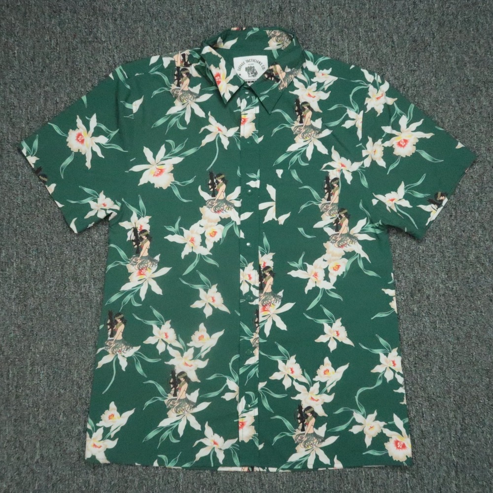 Savage Tacticians Co Shirt Mens Medium Green Hawaiian Floral Camp Button Up